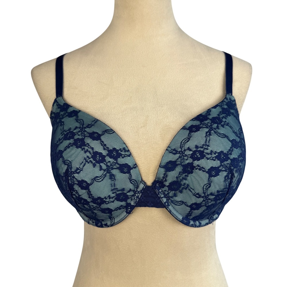Victorias Secret Lined Perfect Coverage Bra 38C Navy Blue Aqua Floral Lace